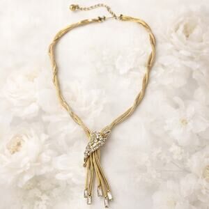 FJJ Signed Multi Strand Necklace Mesh Gold Tone Baguette Rhinestone Y Drop VTG